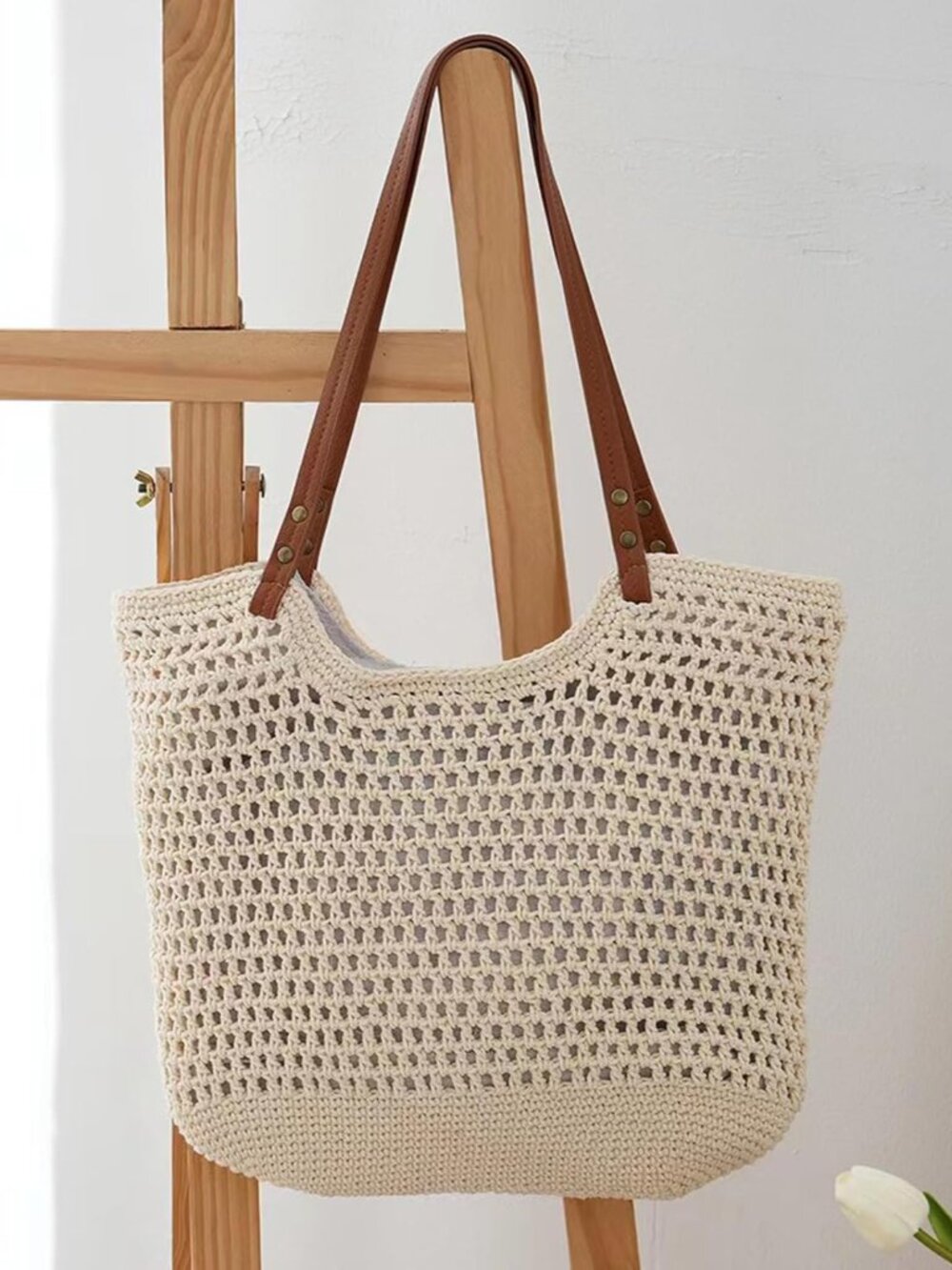 Cotton Fibre Crochet Beach Tote Bag for Vacation,Bohemian Cotton Hobo Shoulder B - Picture 7 of 8